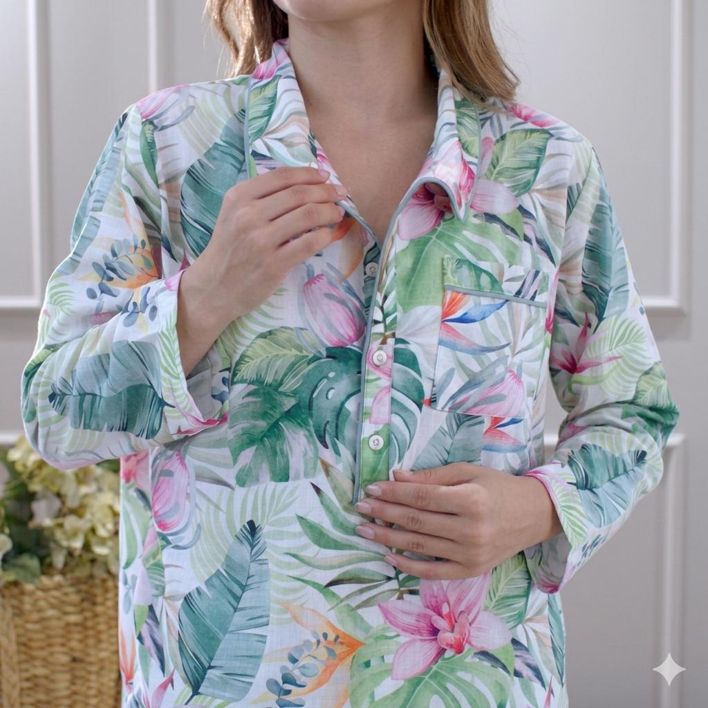 PIJAMA POLIALGODÓN BOTONES FLORES Y HOJAS - Imagen 2