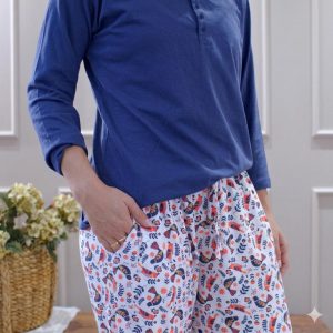 PIJAMA BUZO AZUL 100% ALGODÓN PANTALÓN TELA DURAZNO PAJAROS