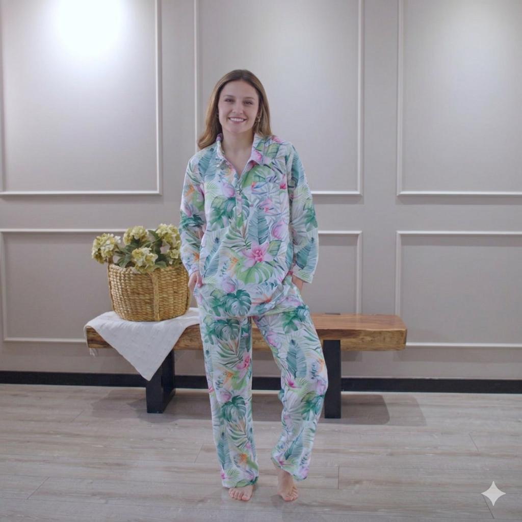 PIJAMA POLIALGODÓN BOTONES FLORES Y HOJAS