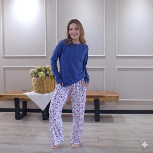 PIJAMA BUZO AZUL 100% ALGODÓN PANTALÓN TELA DURAZNO PAJAROS