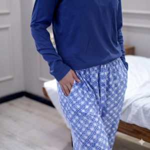 PIJAMA BUZO AZUL 100% ALGODON PANTALÓN TELA DURAZNO FLORES CELESTE