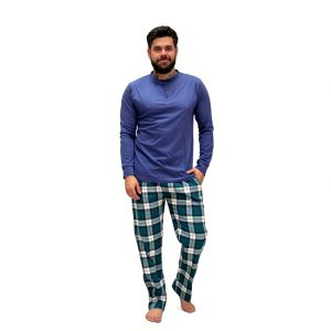 PIJAMA 100% ALGODÓN BUZO AZUL PANTALÓN FRANELA CUADROS VERDES