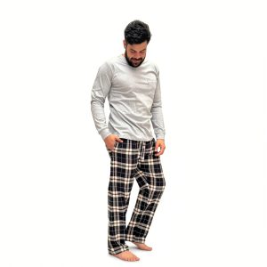 PIJAMA 100% ALGODÓN BUZO GRIS PANTALÓN FRANELA CUADROS BEIGE LINEA ROJA